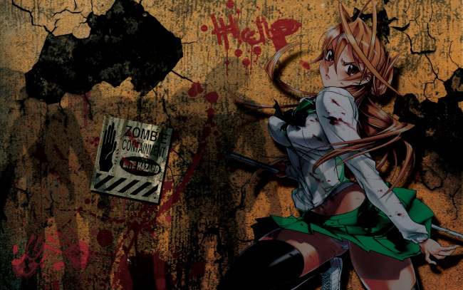Обои картинки фото аниме, highschool, of, the, dead, девушка, стена, тень