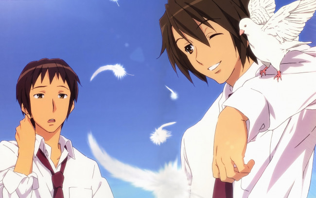 Обои картинки фото аниме, the, melancholy, of, haruhi, suzumiya, голубь, мальчики