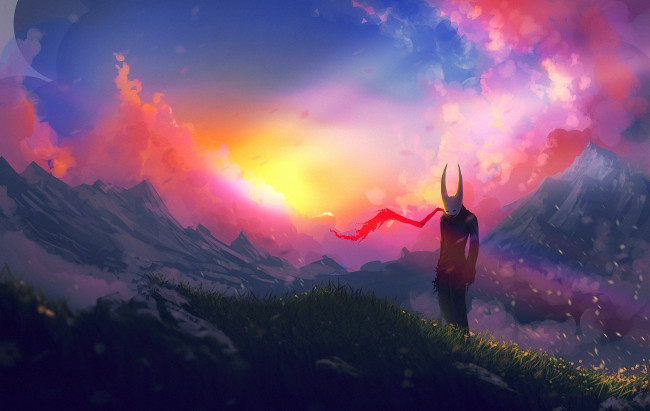 Обои картинки фото аниме, *unknown, другое, горы, закат