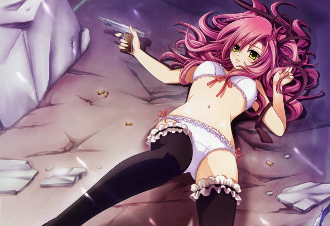 Обои картинки фото аниме, weapon, blood, technology, оружие, чулки, девушка