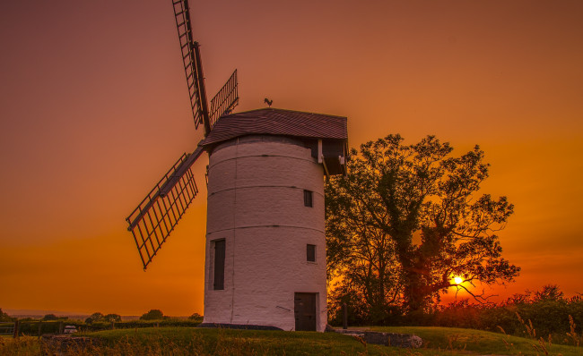 Обои картинки фото england, разное, мельницы, англия, ветряная, мельница, закат, дерево