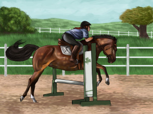 Картинка рисованные животные +лошади прижок наездник лошадь
