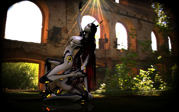 Картинка фэнтези роботы +киборги +механизмы tri-oxygen luka vocaloid девушки вокалоид робот растения здание