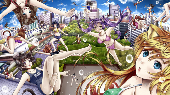 Обои картинки фото аниме, unknown,  другое, город, девушки