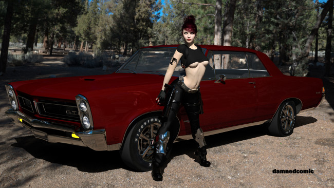 Обои картинки фото автомобили, 3d car&girl, автомобиль, фон, взгляд, девушка