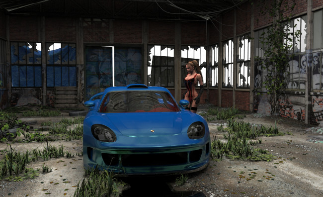 Обои картинки фото автомобили, 3d car&girl, автомобиль, фон, взгляд, девушка