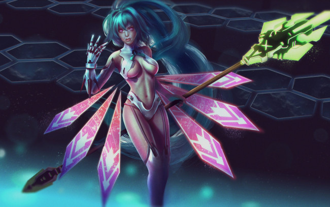 Обои картинки фото фэнтези, девушки, фантастика, посох, волосы, красота, манга, костюм, грудь, тело, аниме, девушка