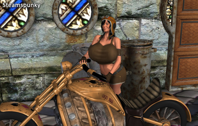 Обои картинки фото мотоциклы, 3d, мотоцикл, девушка, фон, взгляд