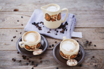 Картинка еда кофе +кофейные+зёрна посуда пенка печенье