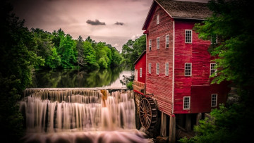 Картинка природа водопады облака деревья дом водоем