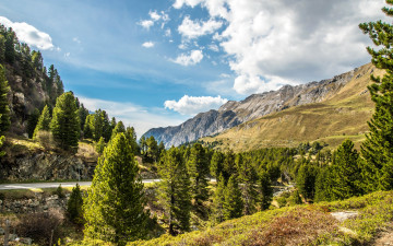 Картинка природа горы зелень лэп деревья дорога лес солнце небо скалы облака