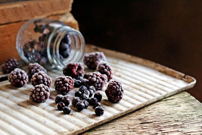 Обои картинки фото еда, фрукты,  ягоды, банка, ежевика, ягоды