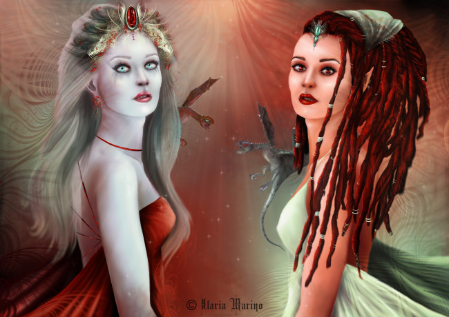 Обои картинки фото рисованное, комиксы, дракон, взгляд, фон, девушки