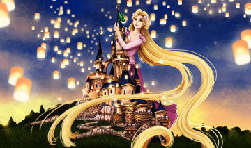 Картинка мультфильмы tangled девушка фон замок