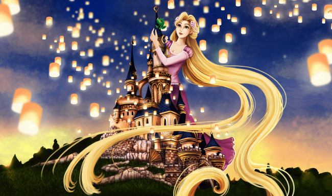 Обои картинки фото мультфильмы, tangled, девушка, фон, замок
