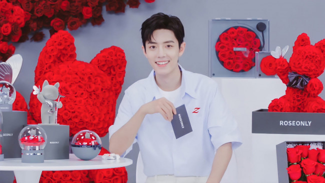 Обои картинки фото мужчины, xiao zhan, актер, розы, фигурки, презентация, карточка