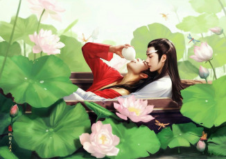 Картинка рисованное кино +мультфильмы вэй усянь лань ванцзи алкоголь лодка лотосы