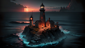 Картинка рисованное города нейросети графика нейроарт ai art нейронные сети рисунки нейро искусство маяк