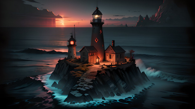 Обои картинки фото рисованное, города, нейросети, графика, нейроарт, ai, art, нейронные, сети, рисунки, нейро, искусство, маяк