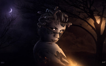 Картинка фэнтези магия медуза горгона змеи ночь