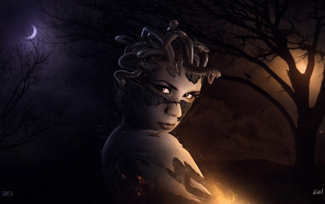 Обои картинки фото фэнтези, магия, медуза, горгона, змеи, ночь