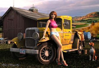 Картинка 3д графика people люди девушка автомобиль собака дом