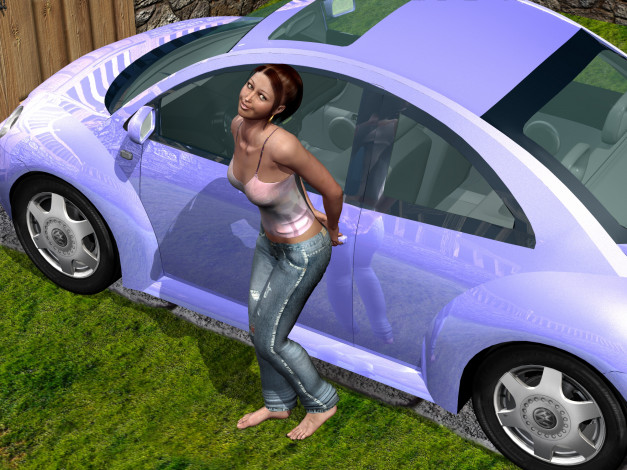 Обои картинки фото автомобили, 3д, улыбка, девушка, автомобиль