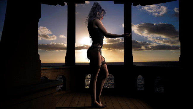 Обои картинки фото 3д, графика, people, люди, взгляд, окно, облака, девушка
