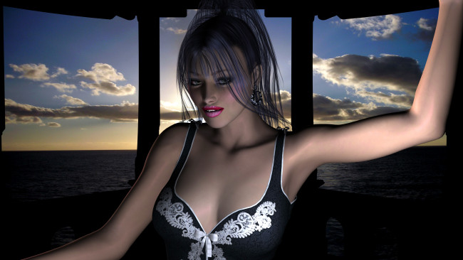 Обои картинки фото 3д, графика, people, люди, взгляд, окно, облака, девушка