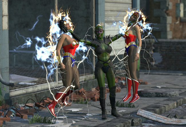 Обои картинки фото 3д, графика, fantasy, фантазия, молния, существо, девушки