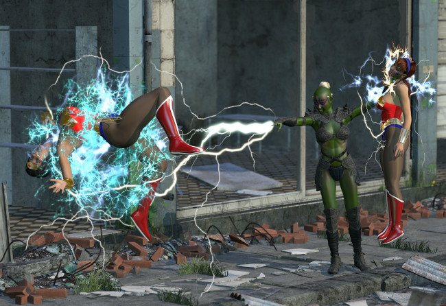 Обои картинки фото 3д, графика, fantasy, фантазия, молния, существо, девушки