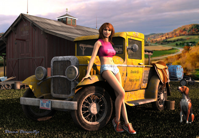 Обои картинки фото 3д, графика, people, люди, девушка, автомобиль, собака, дом