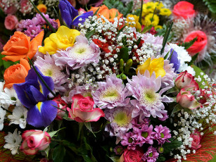 Картинка цветы разные+вместе ирисы хризантемы фрезии розы