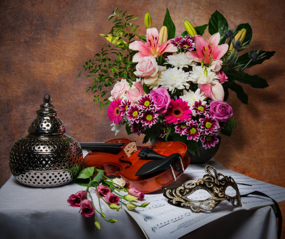 Обои картинки фото разное, компьютерный дизайн, ноты, маска, букет