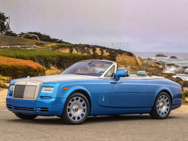 Обои картинки фото автомобили, rolls-royce, waterspeed, collection, drophead, phantom, 2014г, синий, us-spec, coupе