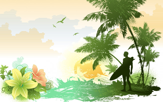 Обои картинки фото векторная графика, люди, птица, цветы, мужчина, море, пальмы