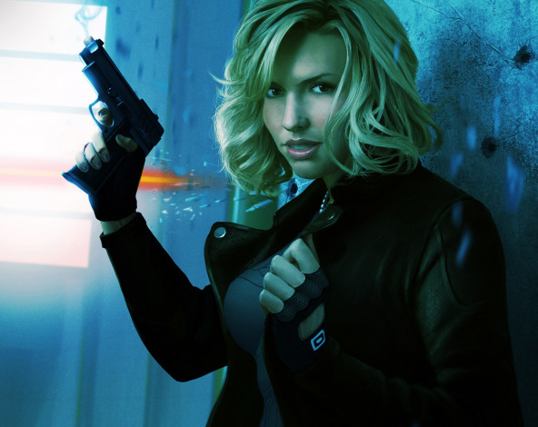 Обои картинки фото фэнтези, девушки, art, взгляд, красавица, пистолет, блондинка, девушка