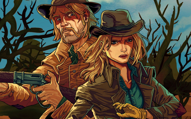 Обои картинки фото рисованное, люди, оружие, мужчина, фон, взгляд, девушка