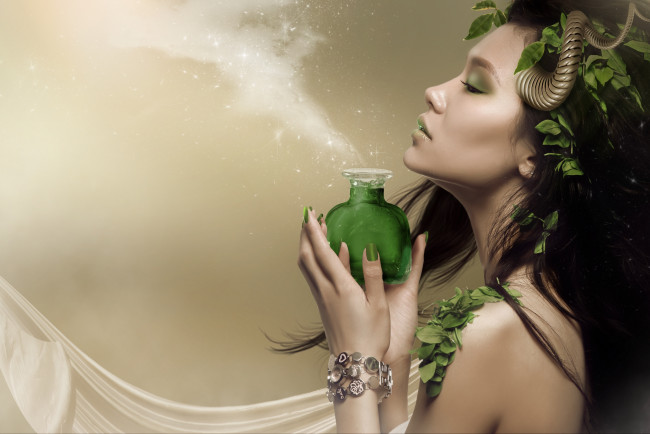 Обои картинки фото девушки, -unsort , креатив, девушка, зелье, листья, фавн, рога, флакон, азиатка, профиль