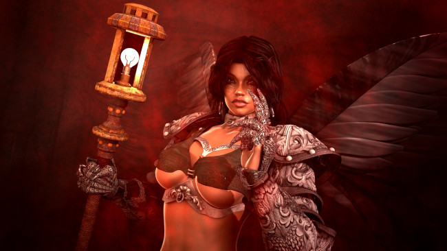 Обои картинки фото 3д графика, фантазия , fantasy, девушка, фон, взгляд, лампа