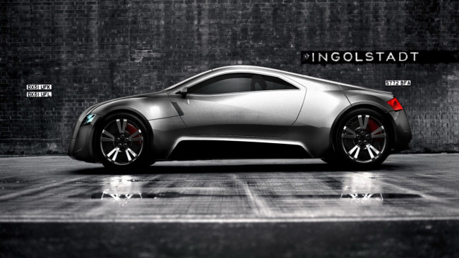 Обои картинки фото автомобили, 3д, серебристый, лужи, площадка, стена