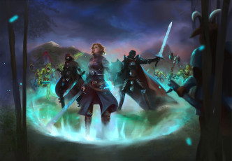 Картинка фэнтези иные+миры +иные+времена мужчины меч бой фон существа девушка