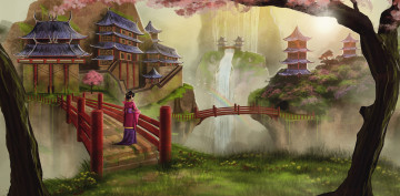 Картинка фэнтези иные+миры +иные+времена радуга водопал мост город