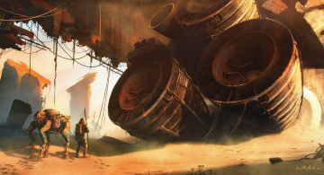 Картинка фэнтези иные+миры +иные+времена развалины дюзы робот человек