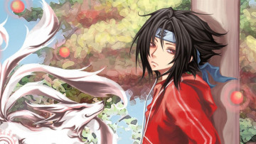 Картинка аниме naruto протектор саске учиха хвосты лис куртка