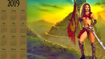 Картинка календари фэнтези воительница оружие 2019 calendar девушка флаг
