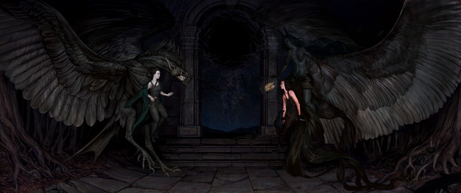 Обои картинки фото фэнтези, существа, крылья, бой, фон, девушки, сущность