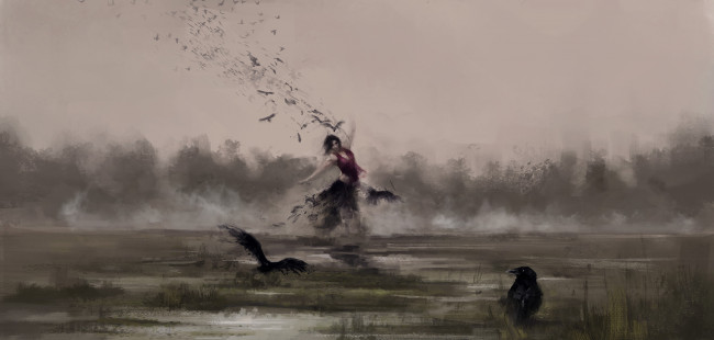 Обои картинки фото фэнтези, магия, танец, вороны, девушка, фон