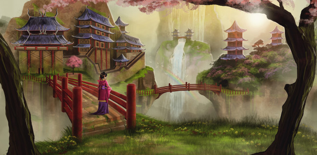 Обои картинки фото фэнтези, иные миры,  иные времена, радуга, водопал, мост, город