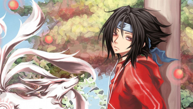 Обои картинки фото аниме, naruto, протектор, саске, учиха, хвосты, лис, куртка